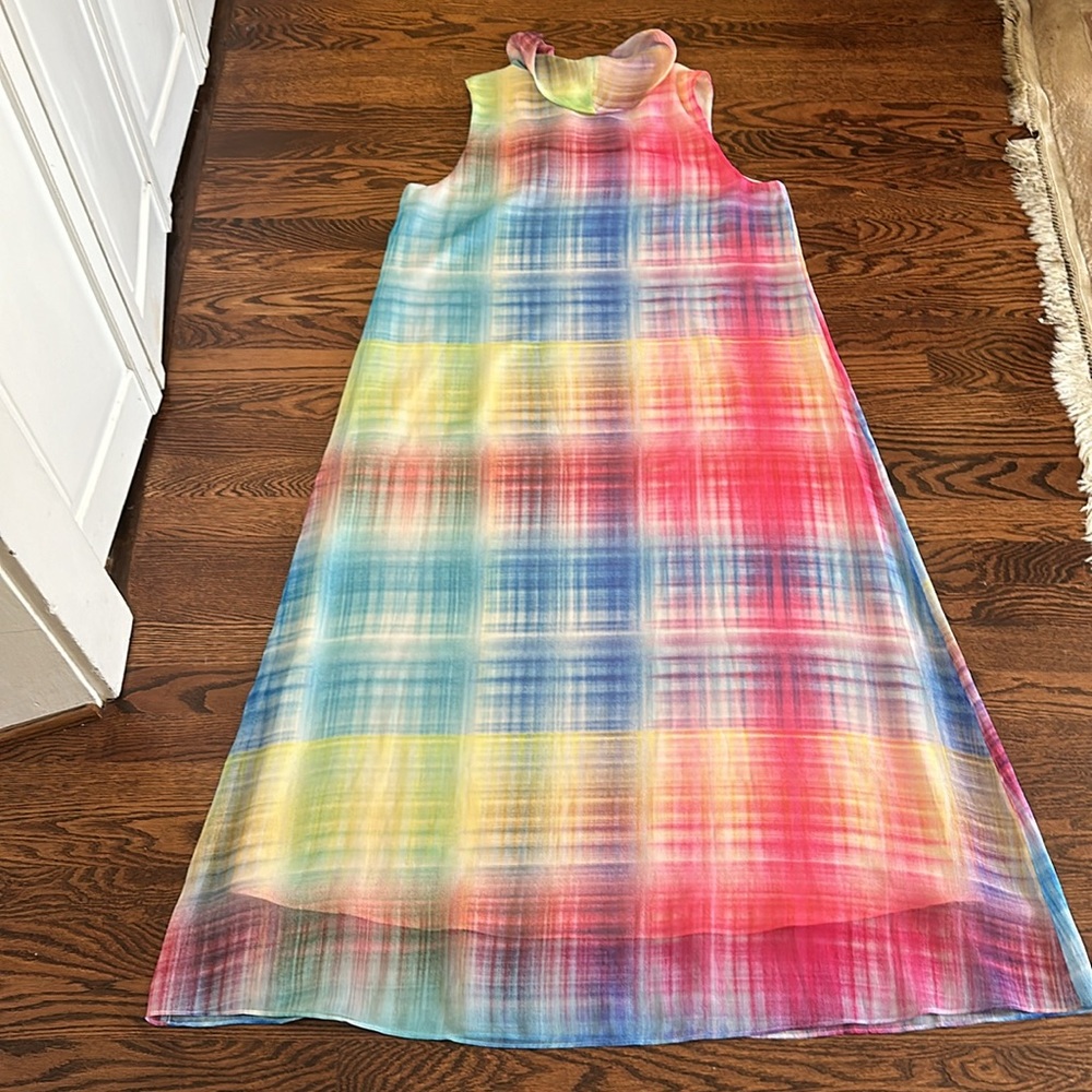 Soft Surroundings Carnevale Multi Plaid Maxi Dress Cowl Neck Pink Yellow Blue L - Picture 11 of 14